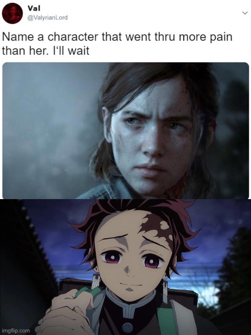 E | image tagged in name a character who went through more pain than her ill wait | made w/ Imgflip meme maker