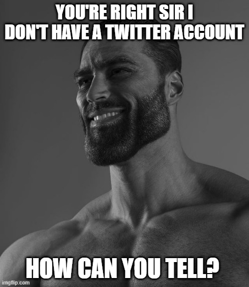 Gig ChaD | YOU'RE RIGHT SIR I DON'T HAVE A TWITTER ACCOUNT; HOW CAN YOU TELL? | image tagged in giga chad | made w/ Imgflip meme maker