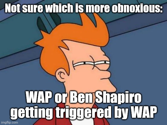 I mean Im not partial to promiscuity myself but I just roll my eyes and let women express themselves anyway cause I'm not gonna  |  Not sure which is more obnoxious:; WAP or Ben Shapiro getting triggered by WAP | image tagged in memes,futurama fry | made w/ Imgflip meme maker