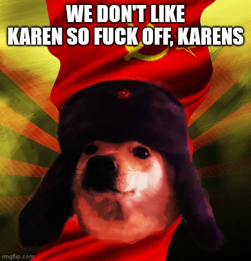 Comrade Doge | WE DON'T LIKE KAREN SO FUCK OFF, KARENS | image tagged in comrade doge | made w/ Imgflip meme maker