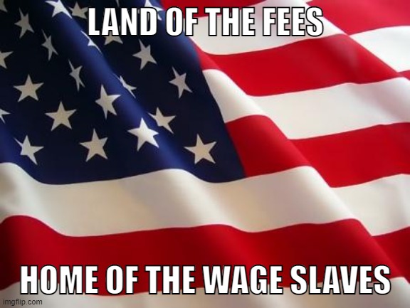 F*** the USA! | LAND OF THE FEES; HOME OF THE WAGE SLAVES | image tagged in american flag,united states,patriotism,national anthem,capitalism,socialism | made w/ Imgflip meme maker