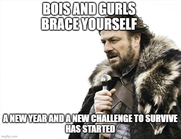 lets survive | BOIS AND GURLS 
BRACE YOURSELF; A NEW YEAR AND A NEW CHALLENGE TO SURVIVE
HAS STARTED | image tagged in memes,brace yourselves x is coming | made w/ Imgflip meme maker