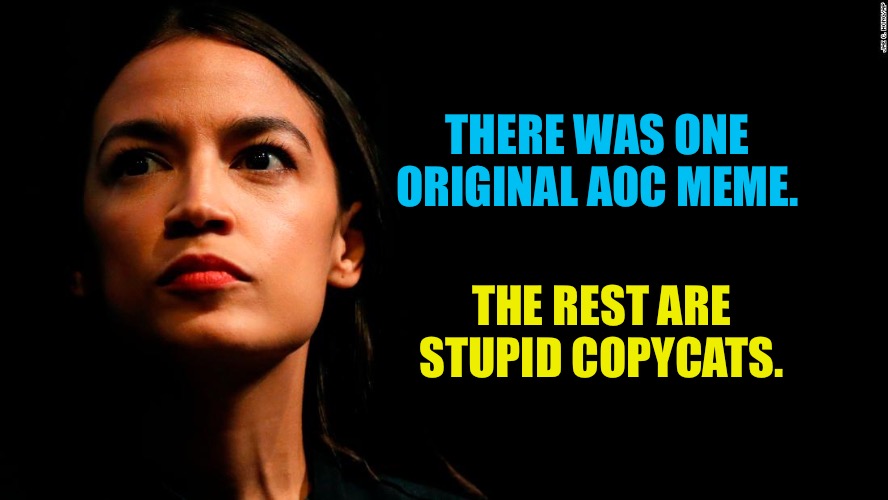 ocasio-cortez super genius | THERE WAS ONE ORIGINAL AOC MEME. THE REST ARE STUPID COPYCATS. | image tagged in ocasio-cortez super genius | made w/ Imgflip meme maker