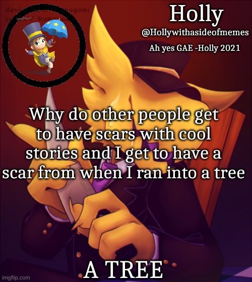 SEVEN YEARS AGO | Why do other people get to have scars with cool stories and I get to have a scar from when I ran into a tree; A TREE | image tagged in holly conductor template | made w/ Imgflip meme maker