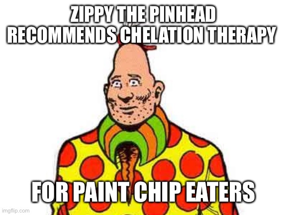 Zippy the Pinhead | ZIPPY THE PINHEAD RECOMMENDS CHELATION THERAPY FOR PAINT CHIP EATERS | image tagged in zippy the pinhead | made w/ Imgflip meme maker