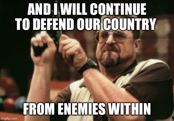 Am I The Only One Around Here Meme | AND I WILL CONTINUE TO DEFEND OUR COUNTRY FROM ENEMIES WITHIN | image tagged in memes,am i the only one around here | made w/ Imgflip meme maker