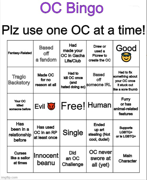 OC Bingo Blank Meme Template