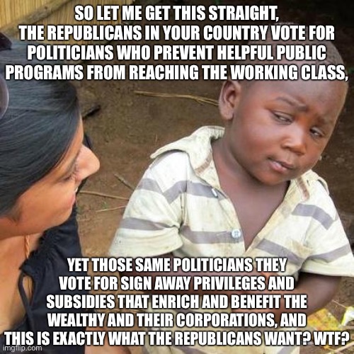 F*** the GOP! | SO LET ME GET THIS STRAIGHT, THE REPUBLICANS IN YOUR COUNTRY VOTE FOR POLITICIANS WHO PREVENT HELPFUL PUBLIC PROGRAMS FROM REACHING THE WORKING CLASS, YET THOSE SAME POLITICIANS THEY VOTE FOR SIGN AWAY PRIVILEGES AND SUBSIDIES THAT ENRICH AND BENEFIT THE WEALTHY AND THEIR CORPORATIONS, AND THIS IS EXACTLY WHAT THE REPUBLICANS WANT? WTF? | image tagged in memes,third world skeptical kid,republicans,republican party,conservative logic,capitalism | made w/ Imgflip meme maker