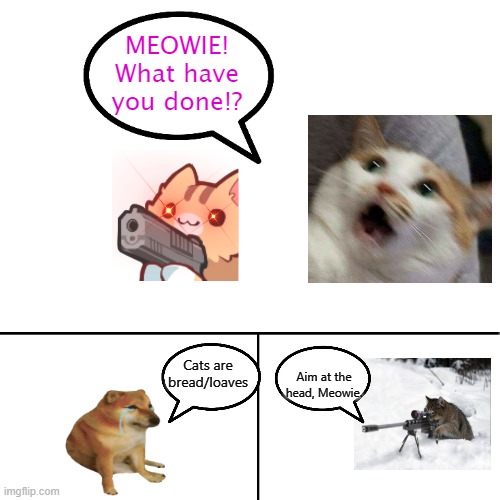 Cats aren't bread | Aim at the head, Meowie. Cats are bread/loaves | image tagged in billy what have you done cat version,cats,memes,cats arent bread | made w/ Imgflip meme maker