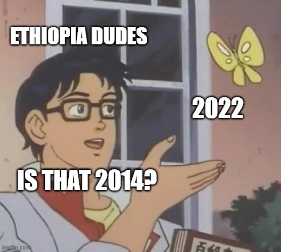 because ethiopia's calendar is later than us about 7-8 years | ETHIOPIA DUDES; 2022; IS THAT 2014? | image tagged in memes,is this a pigeon | made w/ Imgflip meme maker