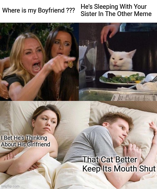 I saw this somewhere once | Where is my Boyfriend ??? He's Sleeping With Your Sister In The Other Meme; I Bet He's Thinking About His Girlfriend; That Cat Better Keep Its Mouth Shut | image tagged in memes,woman yelling at cat,i bet he's thinking about other women,idk but its not mine | made w/ Imgflip meme maker