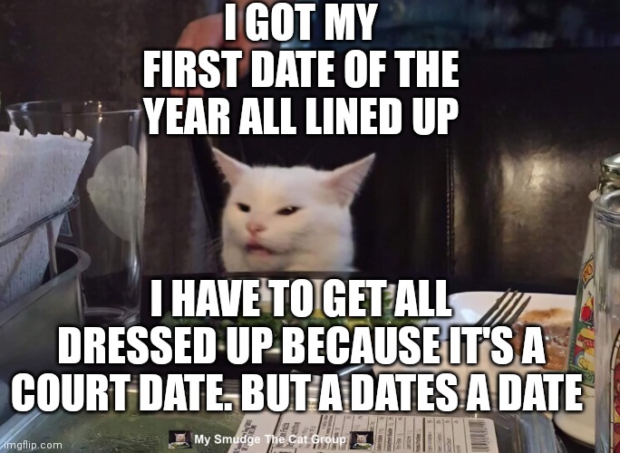 I GOT MY FIRST DATE OF THE YEAR ALL LINED UP; I HAVE TO GET ALL DRESSED UP BECAUSE IT'S A COURT DATE. BUT A DATES A DATE | image tagged in smudge the cat | made w/ Imgflip meme maker