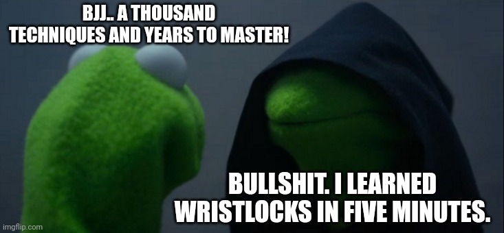 Evil Kermit Meme | BJJ.. A THOUSAND TECHNIQUES AND YEARS TO MASTER! BULLSHIT. I LEARNED WRISTLOCKS IN FIVE MINUTES. | image tagged in memes,evil kermit,bjj,wristlocks | made w/ Imgflip meme maker