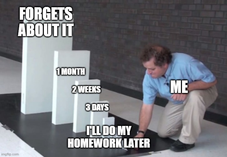 Just 1 game with the boys | FORGETS ABOUT IT; 1 MONTH; ME; 2 WEEKS; I'LL DO MY HOMEWORK LATER; 3 DAYS | image tagged in domino effect | made w/ Imgflip meme maker