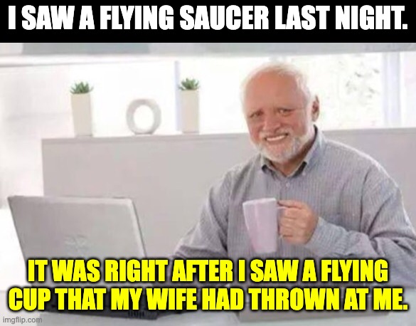 Saucer | I SAW A FLYING SAUCER LAST NIGHT. IT WAS RIGHT AFTER I SAW A FLYING CUP THAT MY WIFE HAD THROWN AT ME. | image tagged in harold | made w/ Imgflip meme maker