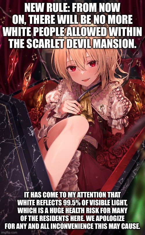 Flandre gotta keep from being incinerated | NEW RULE: FROM NOW ON, THERE WILL BE NO MORE WHITE PEOPLE ALLOWED WITHIN THE SCARLET DEVIL MANSION. IT HAS COME TO MY ATTENTION THAT WHITE REFLECTS 99.5% OF VISIBLE LIGHT, WHICH IS A HUGE HEALTH RISK FOR MANY OF THE RESIDENTS HERE. WE APOLOGIZE FOR ANY AND ALL INCONVENIENCE THIS MAY CAUSE. | image tagged in touhou,flandre scarlet,remilia,vampire,meme,anime | made w/ Imgflip meme maker