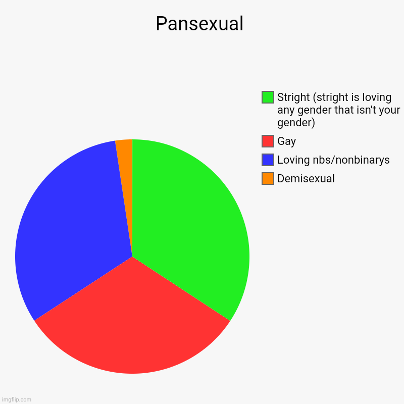 This is my sexuality and how I feel but this isn't how every pansexual person feels lke | Pansexual | Demisexual, Loving nbs/nonbinarys, Gay, Stright (stright is loving any gender that isn't your gender) | image tagged in charts,pie charts | made w/ Imgflip chart maker