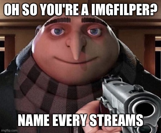 Are u a imgfliper? | OH SO YOU'RE A IMGFILPER? NAME EVERY STREAMS | image tagged in gru gun | made w/ Imgflip meme maker