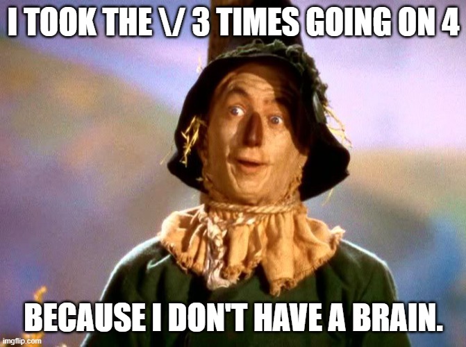 Wizard of Oz Scarecrow | I TOOK THE \/ 3 TIMES GOING ON 4; BECAUSE I DON'T HAVE A BRAIN. | image tagged in wizard of oz scarecrow | made w/ Imgflip meme maker