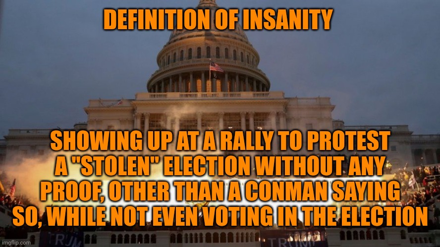 Proof positive being a "patriot" doesn't mean you are smart | DEFINITION OF INSANITY; SHOWING UP AT A RALLY TO PROTEST A "STOLEN" ELECTION WITHOUT ANY PROOF, OTHER THAN A CONMAN SAYING SO, WHILE NOT EVEN VOTING IN THE ELECTION | image tagged in capitol riot - trump coup | made w/ Imgflip meme maker