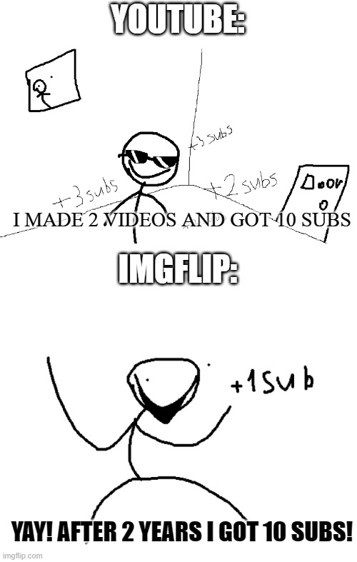 Youtube vs imgflip | YOUTUBE:; I MADE 2 VIDEOS AND GOT 10 SUBS; IMGFLIP:; YAY! AFTER 2 YEARS I GOT 10 SUBS! | image tagged in youtube,vs,imgflip,memes,relatable | made w/ Imgflip meme maker