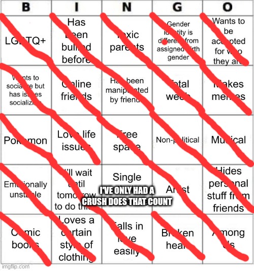 Wow-I got everything- Very bingo | I'VE ONLY HAD A CRUSH DOES THAT COUNT | image tagged in jer-sama's bingo | made w/ Imgflip meme maker