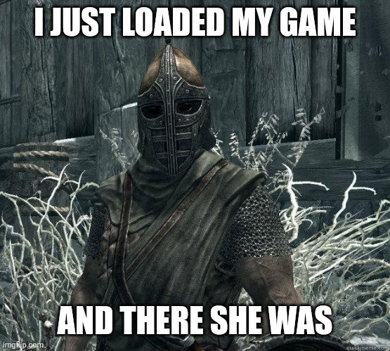 SkyrimGuard | I JUST LOADED MY GAME AND THERE SHE WAS | image tagged in skyrimguard | made w/ Imgflip meme maker