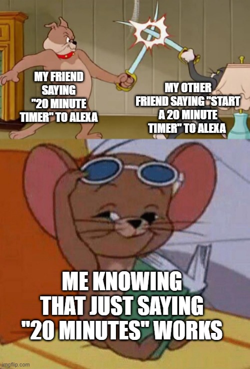 it does | MY FRIEND SAYING "20 MINUTE TIMER" TO ALEXA; MY OTHER FRIEND SAYING "START A 20 MINUTE TIMER" TO ALEXA; ME KNOWING THAT JUST SAYING "20 MINUTES" WORKS | image tagged in tom and jerry swordfight,memes | made w/ Imgflip meme maker