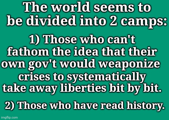 The world seems to be divided into 2 camps: |  The world seems to be divided into 2 camps:; 1) Those who can't fathom the idea that their own gov't would weaponize; crises to systematically take away liberties bit by bit. 2) Those who have read history. | image tagged in government,crisis,weapon,liberty,taken,away | made w/ Imgflip meme maker