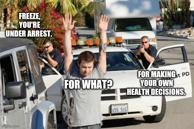 Might be illegal to make your own health decisions. | FREEZE, YOU'RE UNDER ARREST. FOR MAKING YOUR OWN HEALTH DECISIONS. FOR WHAT? | image tagged in memes | made w/ Imgflip meme maker