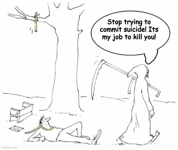 death | Stop trying to commit suicide! Its my job to kill you! | image tagged in death,who_am_i,memes,grim reaper | made w/ Imgflip meme maker