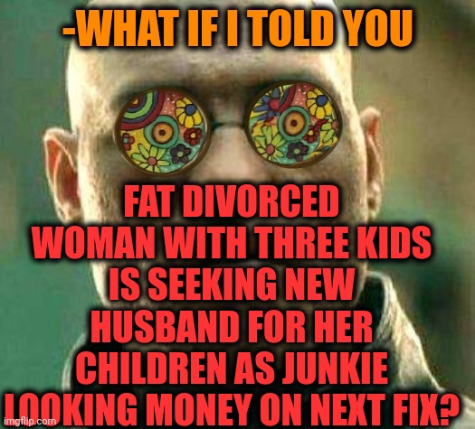 -Girl with mouthes. | FAT DIVORCED WOMAN WITH THREE KIDS IS SEEKING NEW HUSBAND FOR HER CHILDREN AS JUNKIE LOOKING MONEY ON NEXT FIX? -WHAT IF I TOLD YOU | image tagged in acid kicks in morpheus,how i met your mother,husband wife,what if i told you,don't do drugs,drug addiction | made w/ Imgflip meme maker