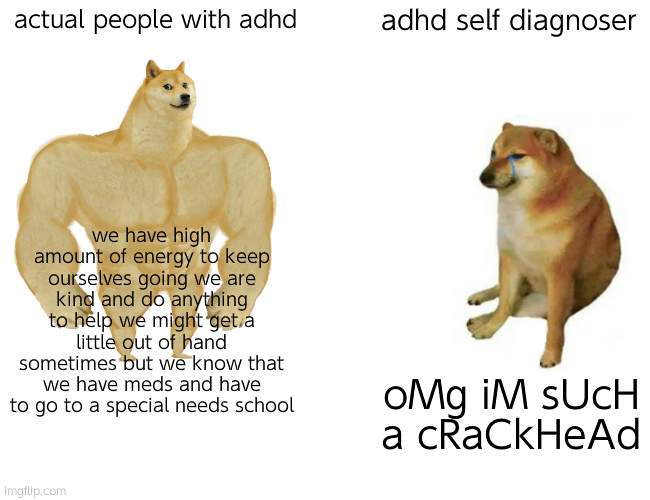 its so hard having adhd | actual people with adhd; adhd self diagnoser; we have high amount of energy to keep ourselves going we are kind and do anything to help we might get a little out of hand sometimes but we know that we have meds and have to go to a special needs school; oMg iM sUcH a cRaCkHeAd | image tagged in memes,buff doge vs cheems | made w/ Imgflip meme maker