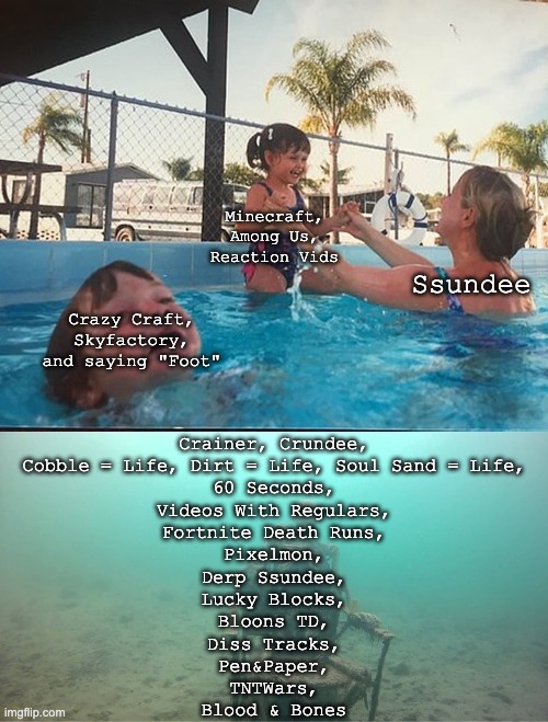 Mother Ignoring Kid Drowning In A Pool | Minecraft, Among Us, Reaction Vids; Ssundee; Crazy Craft, Skyfactory, and saying "Foot"; Crainer, Crundee,
Cobble = Life, Dirt = Life, Soul Sand = Life,
60 Seconds,
Videos With Regulars,
Fortnite Death Runs,
Pixelmon,
Derp Ssundee,
Lucky Blocks,
Bloons TD,
Diss Tracks,
Pen&Paper,
TNTWars,
Blood & Bones | image tagged in mother ignoring kid drowning in a pool,SSundeeReddit | made w/ Imgflip meme maker