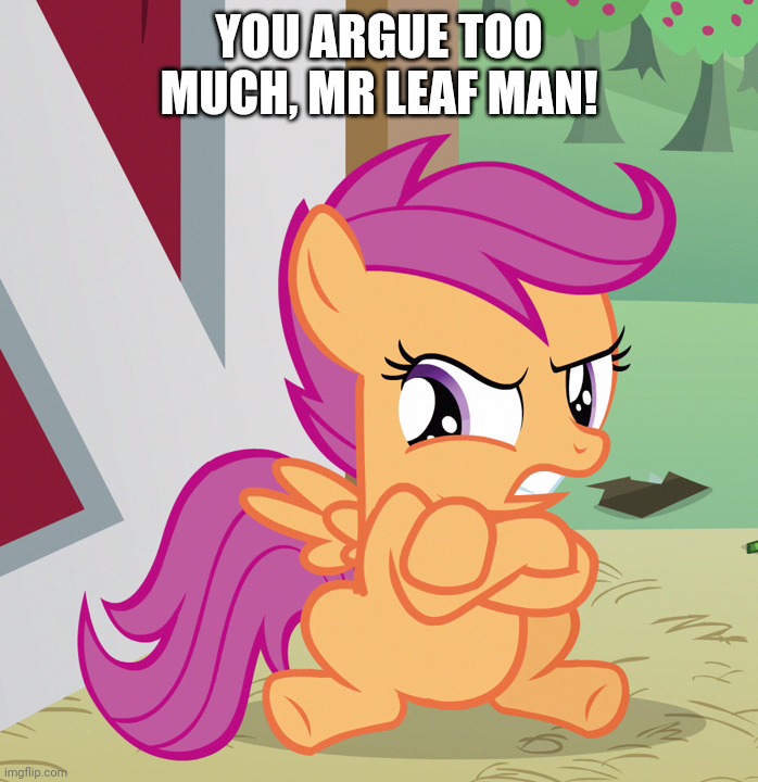 Angry Scootaloo (MLP) | YOU ARGUE TOO MUCH, MR LEAF MAN! | image tagged in angry scootaloo mlp | made w/ Imgflip meme maker