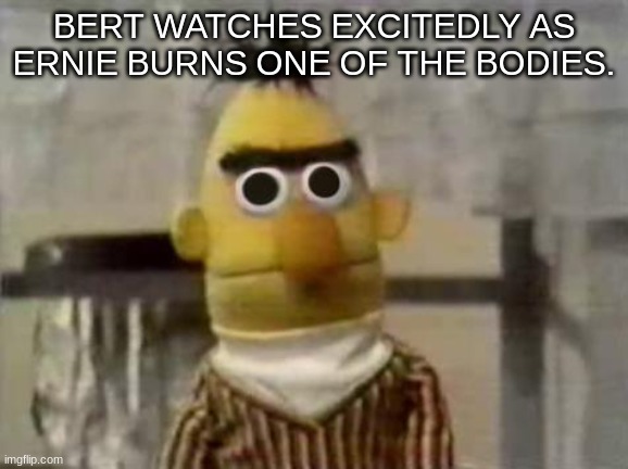 YE | BERT WATCHES EXCITEDLY AS ERNIE BURNS ONE OF THE BODIES. | image tagged in bert stare | made w/ Imgflip meme maker