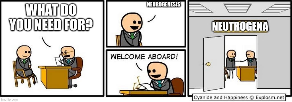 Job Interview | WHAT DO YOU NEED FOR? NEUROGENESIS NEUTROGENA | image tagged in job interview | made w/ Imgflip meme maker