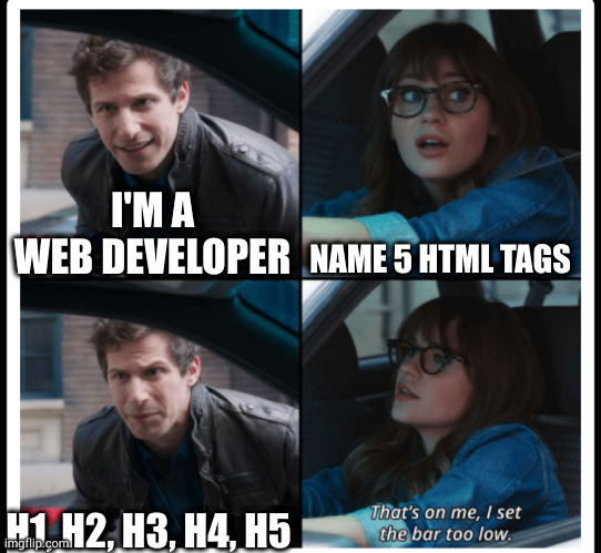 Brooklyn 99 Set the bar too low | NAME 5 HTML TAGS; I'M A WEB DEVELOPER; H1, H2, H3, H4, H5 | image tagged in brooklyn 99 set the bar too low | made w/ Imgflip meme maker