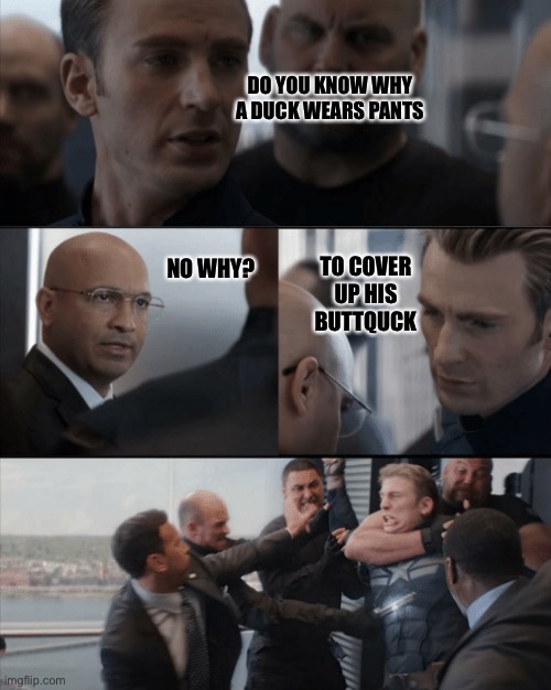 Captin America in elavator | DO YOU KNOW WHY A DUCK WEARS PANTS; NO WHY? TO COVER UP HIS BUTTQUCK | image tagged in captin america in elavator | made w/ Imgflip meme maker