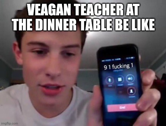 91 fricking 1 | VEAGAN TEACHER AT THE DINNER TABLE BE LIKE | image tagged in 91 fricking 1 | made w/ Imgflip meme maker