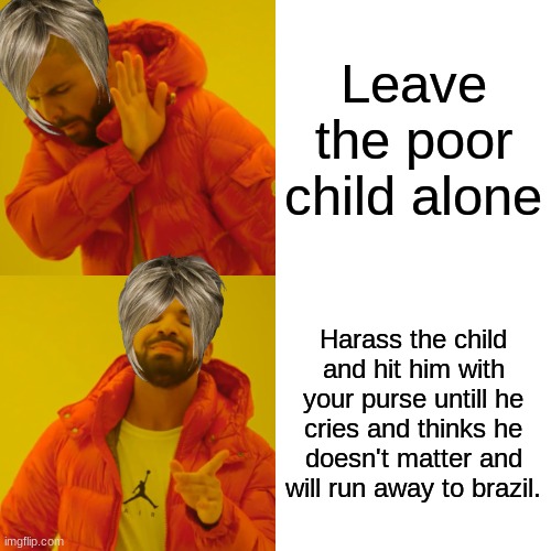 Karens your taking this too far, stop. |  Leave the poor child alone; Harass the child and hit him with your purse untill he cries and thinks he doesn't matter and will run away to brazil. | image tagged in memes,drake hotline bling,karens,stop reading the tags,why are you reading this,just stop | made w/ Imgflip meme maker