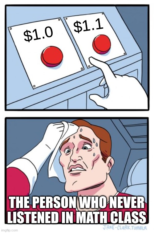 Two Buttons Meme | $1.1; $1.0; THE PERSON WHO NEVER LISTENED IN MATH CLASS | image tagged in memes,two buttons | made w/ Imgflip meme maker