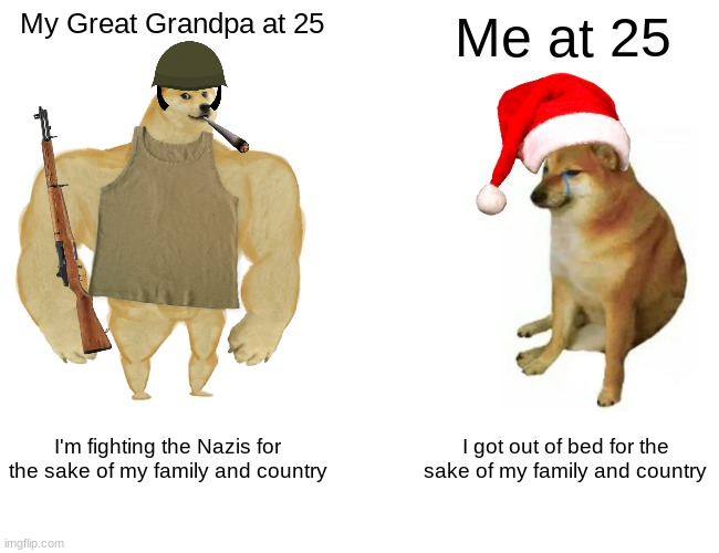 ur strong, ur lazy | My Great Grandpa at 25; Me at 25; I'm fighting the Nazis for the sake of my family and country; I got out of bed for the sake of my family and country | image tagged in memes,buff doge vs cheems,ww2 | made w/ Imgflip meme maker