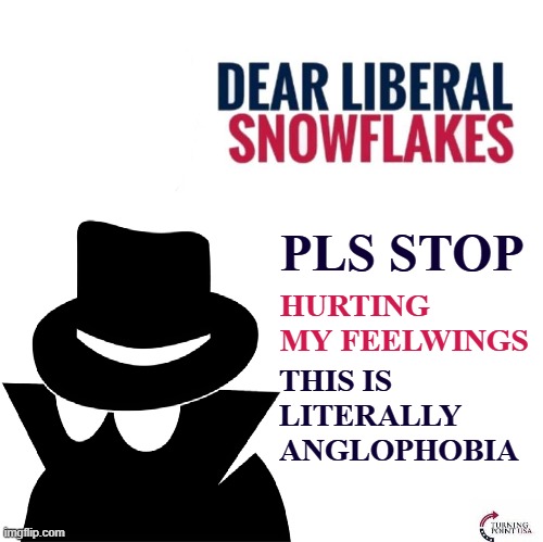 Dear Liberal Snowflakes... | PLS STOP; HURTING MY FEELWINGS; THIS IS LITERALLY ANGLOPHOBIA | image tagged in rmk,the sloth alt,brought to you by tax evasion gang,ig,attack ad | made w/ Imgflip meme maker