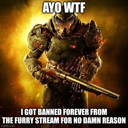 Doom Guy | AYO WTF; I GOT BANNED FOREVER FROM THE FURRY STREAM FOR NO DAMN REASON | image tagged in doom guy | made w/ Imgflip meme maker