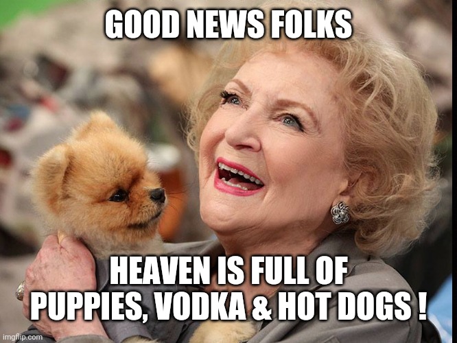 Betty White R.I.P. | GOOD NEWS FOLKS; HEAVEN IS FULL OF PUPPIES, VODKA & HOT DOGS ! | image tagged in betty white,vodka,hot dogs,puppies,dogs,rest in peace | made w/ Imgflip meme maker