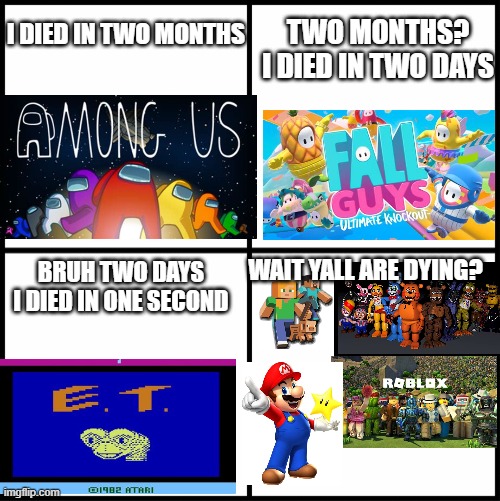 blank drake format | I DIED IN TWO MONTHS; TWO MONTHS? I DIED IN TWO DAYS; WAIT YALL ARE DYING? BRUH TWO DAYS I DIED IN ONE SECOND | image tagged in blank drake format,wait you guys are dying,fredbear will eat all of you delectable children | made w/ Imgflip meme maker