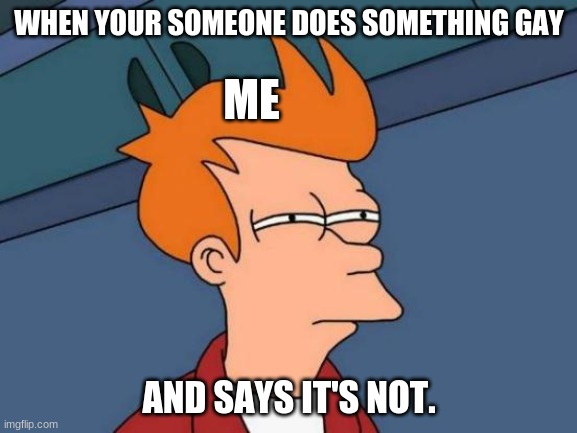 one of the people in my group | WHEN YOUR SOMEONE DOES SOMETHING GAY; ME; AND SAYS IT'S NOT. | image tagged in memes,futurama fry | made w/ Imgflip meme maker