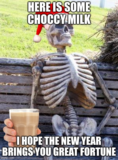 Best wishes | HERE IS SOME CHOCCY MILK; I HOPE THE NEW YEAR BRINGS YOU GREAT FORTUNE | image tagged in memes,waiting skeleton | made w/ Imgflip meme maker