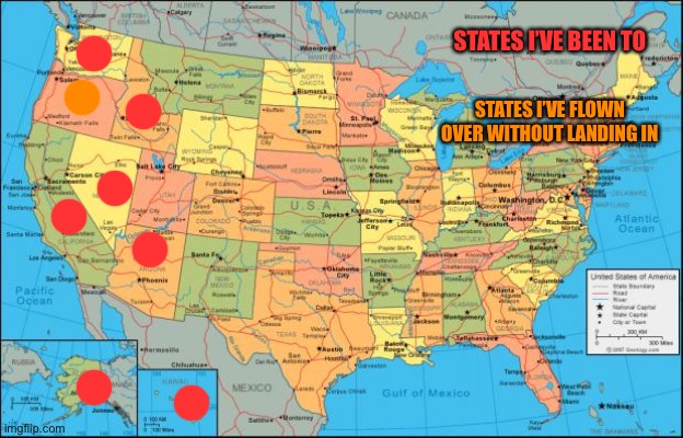 map of United States | STATES I’VE BEEN TO; STATES I’VE FLOWN OVER WITHOUT LANDING IN | image tagged in map of united states | made w/ Imgflip meme maker